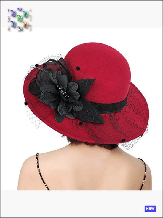 Wide Brim Bowler Church Hat 1920s Retro Felt Fedora Cap Wool Blend Floral